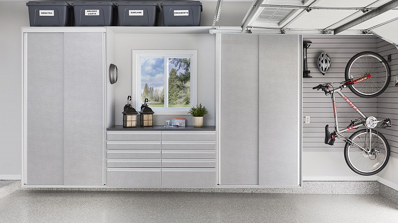 Organized Two Car Garage with bike hanging